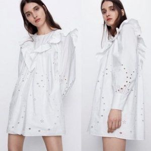 ZARA WHITE OPENWORK EMBROIDERED EYELE DRESS PUFF SLEEVES XS